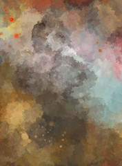 Watercolor painted background with blots and splatters. Brush stroked painting. 2D Illustration.