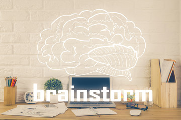 Desktop computer background in office and start up theme hologram drawing. Double exposure. Startup...