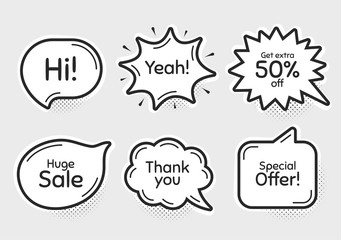 Comic chat bubbles. Huge sale, 50% discount and special offer. Thank you, hi and yeah phrases. Sale shopping text. Chat messages with phrases. Drawing texting thought speech bubbles. Vector