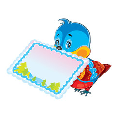 cute bird holding a greeting card in its beak, illustration for a postcard, isolated object on a white background, vector illustration,