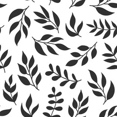 Floral seamless pattern with fern, different leaves, black color branches on white background. Greenery vector summer forest background