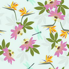 Seamless vector illustration with tropical flowers Passiflora, strelitzia and dragonfly.