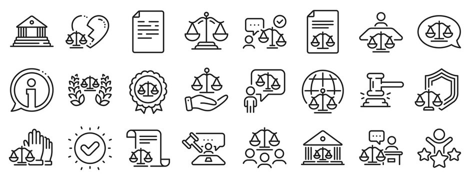 Scales of Justice, Lawyer and Judge. Court line icons. Hammer, Law and Petition document set icons. Judgment, justice, court injunction. Gavel judge hammer, rulings, presiding officer. Vector