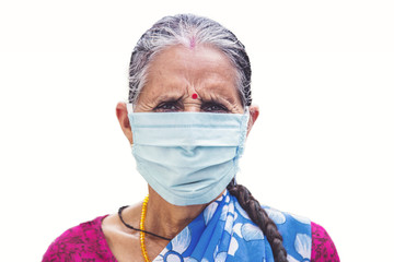 Closeup shot of a old women wearing mask to prevent infection from corona virus