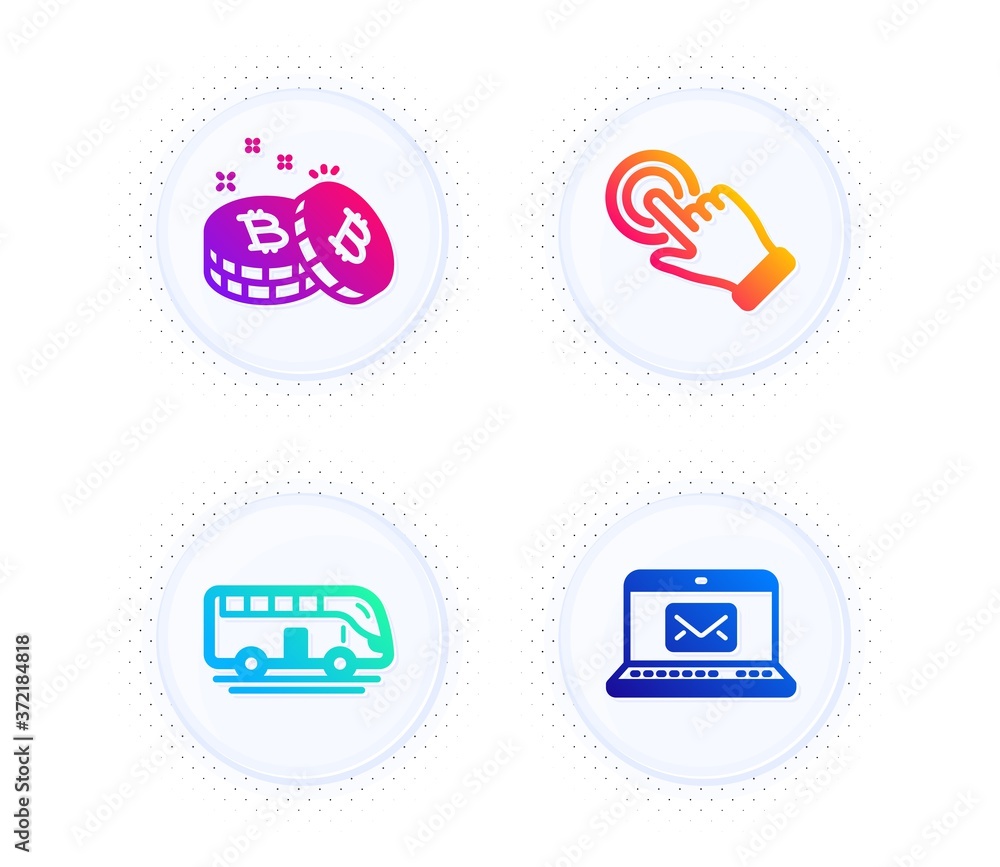 Poster touchscreen gesture, bus tour and bitcoin icons simple set. button with halftone dots. e-mail sign. 