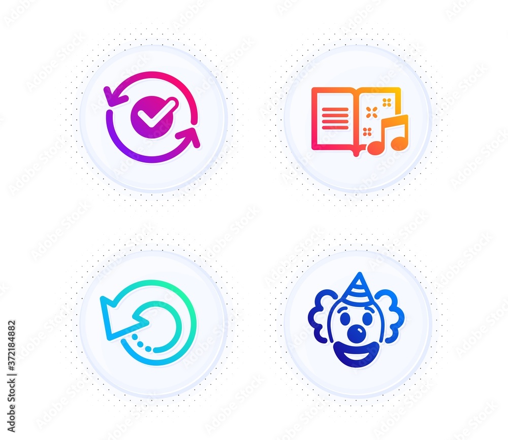 Poster approved, music book and recovery data icons simple set. button with halftone dots. clown sign. refr