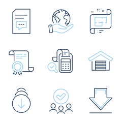 Parking garage, Architectural plan and Scroll down line icons set. Diploma certificate, save planet, group of people. Bill accounting, Comments and Downloading signs. Vector