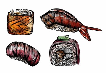 Raster Illustration of rolls, sushi and seafood in the sketch style. Detailed drawing of images with a line in black and white. For menus, banners, icons, stickers, and any other directions.