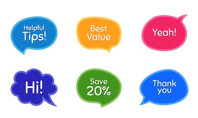 Best value, 20% discount and helpful tips. Colorful chat bubbles. Thank you phrase. Sale shopping text. Chat messages with phrases. Texting thought bubbles. Vector