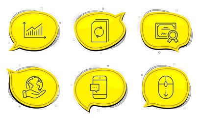 Graph sign. Diploma certificate, save planet chat bubbles. Update document, Scroll down and Smartphone message line icons set. Refresh file, Mouse swipe, Cellphone chat. Presentation diagram. Vector