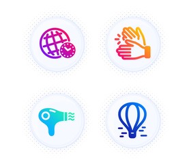 Hair dryer, Clapping hands and Time zone icons simple set. Button with halftone dots. Air balloon sign. Hairdryer, Clap, World clock. Flight travel. Business set. Gradient flat hair dryer icon. Vector