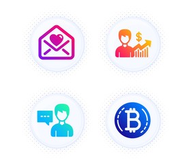 Business growth, Love letter and Person talk icons simple set. Button with halftone dots. Bitcoin sign. Earnings results, Heart, Communication message. Cryptocurrency coin. Business set. Vector