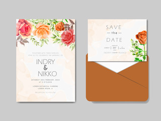 beautiful and elegant watercolor wedding invitation cards with flower and leaves