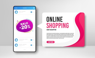 Phone banner template. Sale 20% off badge. Discount banner shape. Coupon bubble icon. Social media banner with smartphone screen. Online shopping web template. Sale 20% promotion badge. Vector
