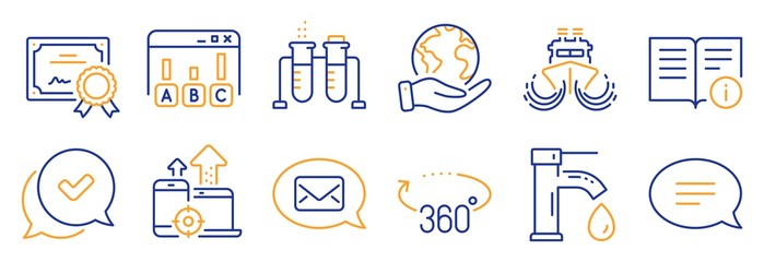Set of Technology icons, such as Ship, 360 degrees. Certificate, save planet. Tap water, Chemistry beaker, Messenger. Seo devices, Approved, Chat. Technical info, Survey results line icons. Vector