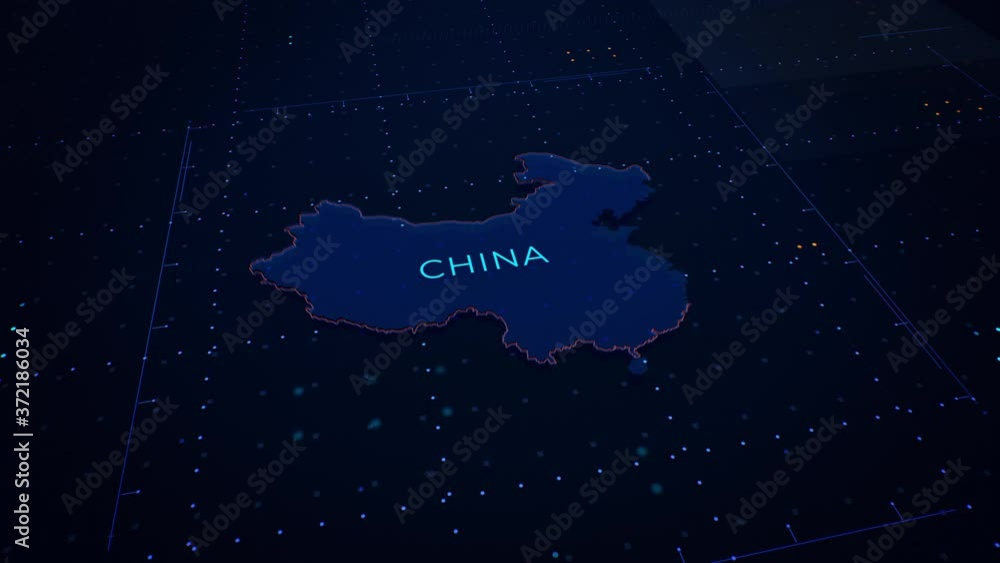Poster 3d render of china map. camera flying through digital space.