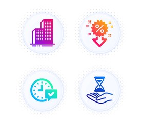 Skyscraper buildings, Select alarm and Discount icons simple set. Button with halftone dots. Time hourglass sign. Town architecture, Time symbol, Sale shopping. Sand watch. Business set. Vector