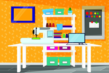 Vector illustration of a business room with embroidery machine and laptop