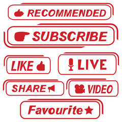 Set of  buttons for social media - Subscribe to video channel, blog - share, like, live, video