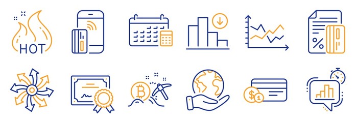 Set of Finance icons, such as Contactless payment, Credit card. Certificate, save planet. Diagram chart, Versatile, Hot sale. Bitcoin mining, Payment method, Calendar. Vector