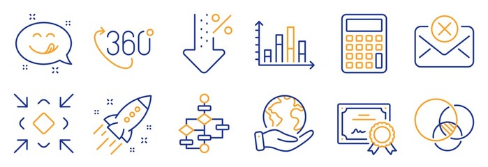 Set of Technology icons, such as Diagram graph, Calculator. Certificate, save planet. Startup rocket, Euler diagram, Reject mail. Minimize, Low percent, Yummy smile. 360 degree line icons. Vector