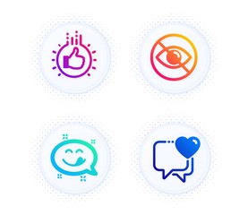 Yummy smile, Not looking and Like hand icons simple set. Button with halftone dots. Heart sign. Emoticon, Eye care, Thumbs up. Love chat. People set. Gradient flat yummy smile icon. Vector