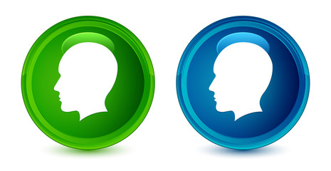 Head man face icon artistic shiny glossy blue and green round button set