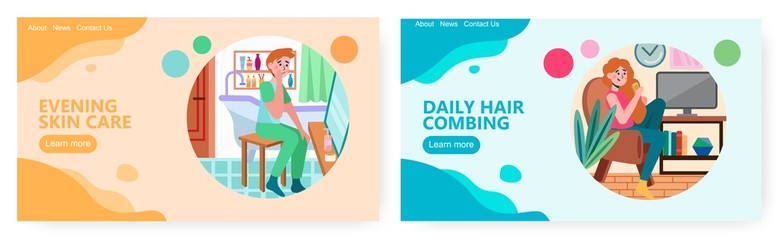 Man cleaning his face in bathroom. Woman comb hair at home. Morning routine concept illustration. Vector web site design template