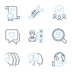 Opinion, Pay and Escalator line icons set. Diploma certificate, save planet, group of people. Friends couple, Heart and Search employees signs. Choose answer, Beggar, Elevator. Friendship. Vector