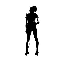 Slim tall woman standing, ink drawing. Abstract isolated vector silhouette