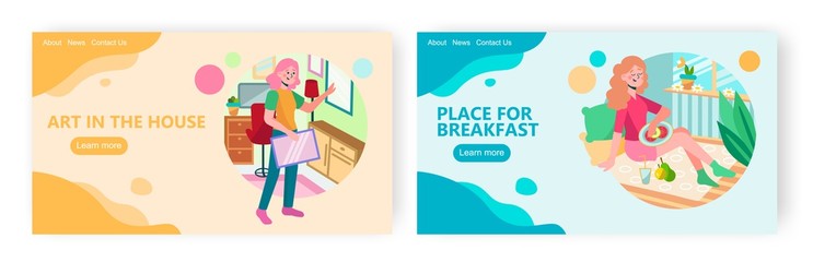 Girl having healthy breakfast with fruits on a floor. Woman change decoration art in her home interior. Concept illustration. Vector web site design template