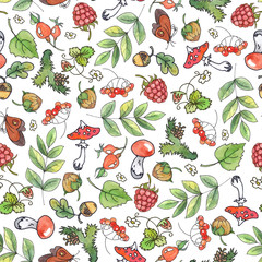 seamless pattern with fly agaric, hazelnut, acorn, strawberry, mountain ash, raspberry, pine cone, butterfly and plants