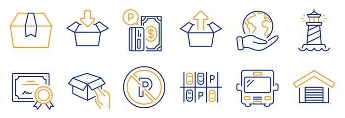 Set of Transportation icons, such as Get box, No parking. Certificate, save planet. Parking place, Send box, Lighthouse. Bus line icons. Send package, Car park. Line icon set. Vector