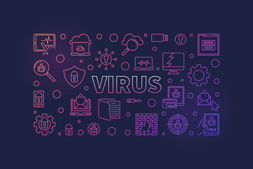 Computer Virus vector concept outline horizontal illustration or banner on dark background