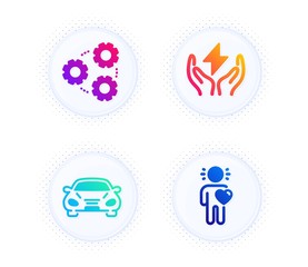 Car, Gears and Safe energy icons simple set. Button with halftone dots. Friend sign. Transport, Work process, Thunderbolt. Love. Business set. Gradient flat car icon. Vector