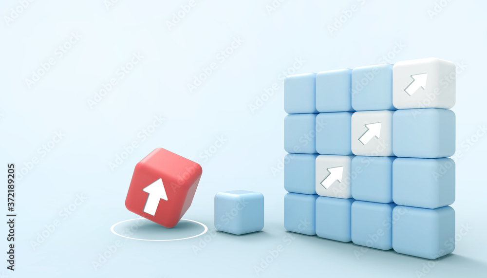 Poster ideas creative business concept growth success process cube and arrow red cube on paper blue backgro