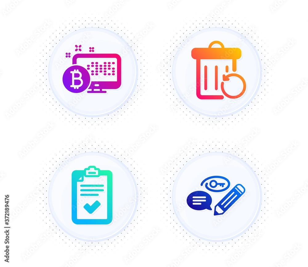 Poster bitcoin system, recovery trash and checklist icons simple set. button with halftone dots. keywords s