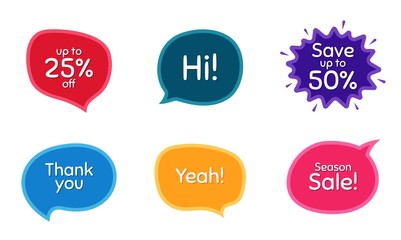 Season sale, 25% discount and save 50%. Colorful chat bubbles. Thank you phrase. Sale shopping text. Chat messages with phrases. Texting thought bubbles. Vector