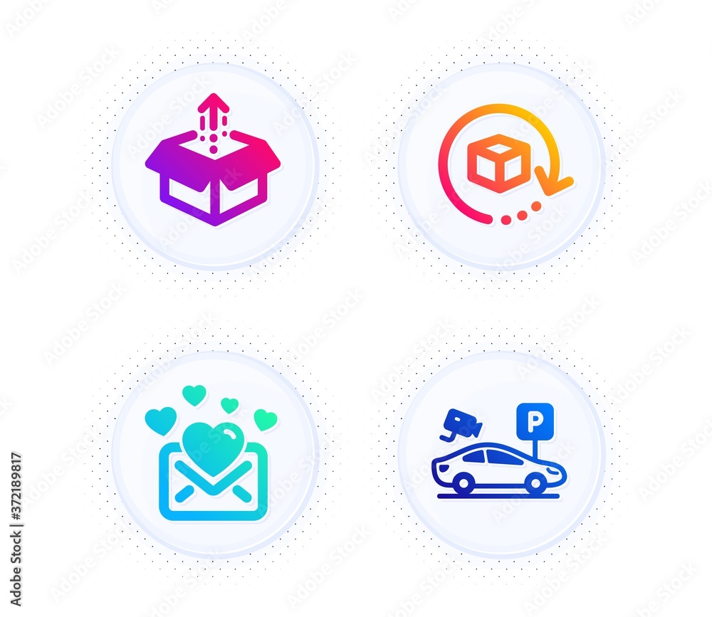 Poster love mail, return package and send box icons simple set. button with halftone dots. parking security