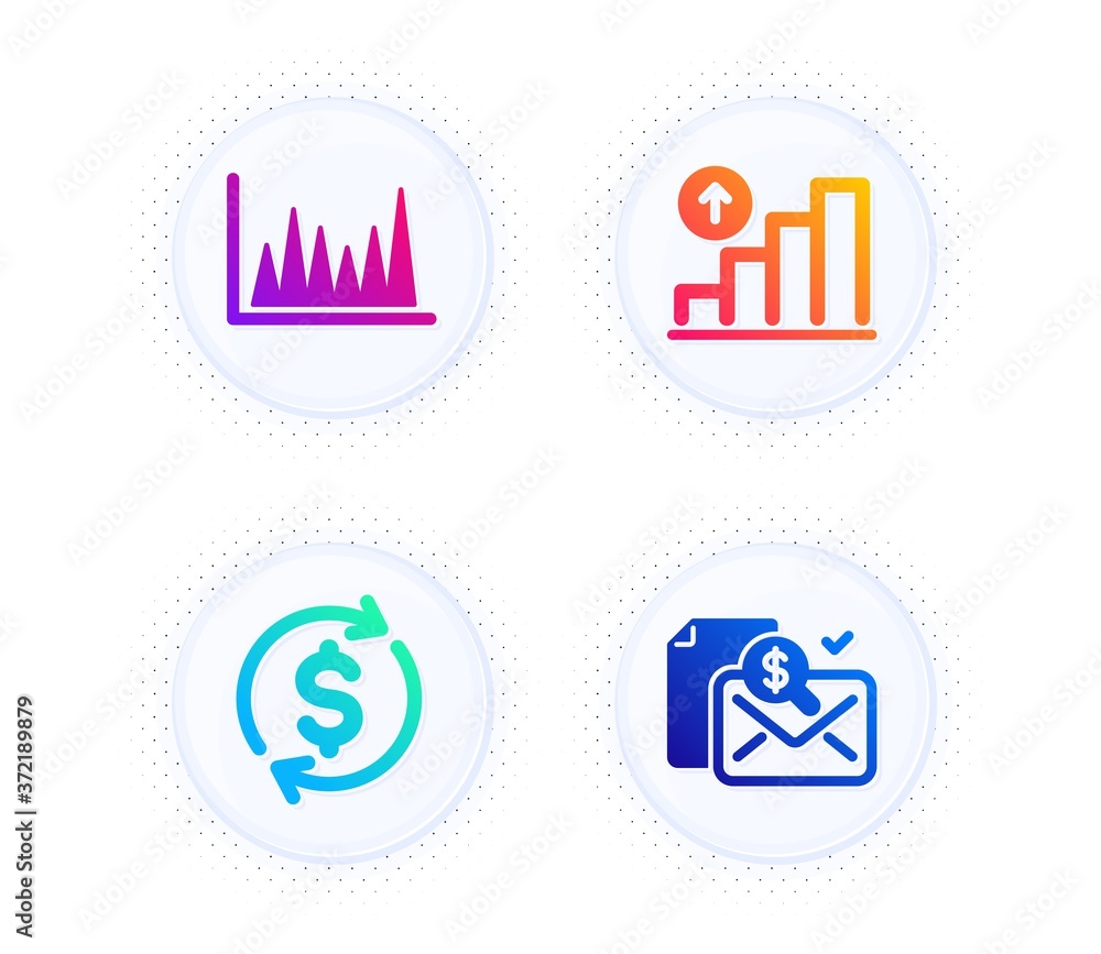 Poster line graph, graph chart and usd exchange icons simple set. button with halftone dots. accounting rep