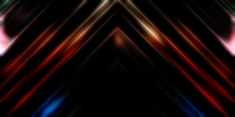 Abstract shining geometric lights background. Fractal symmetric graphic illustration. Intersecting glowing and shimmering bars.