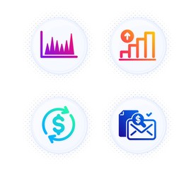 Line graph, Graph chart and Usd exchange icons simple set. Button with halftone dots. Accounting report sign. Market diagram, Growth report, Currency rate. Check finance. Finance set. Vector