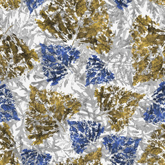 Watercolor leaves blue green, seamless pattern, gray branches, background