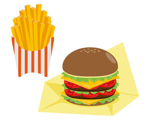 チーズとビーフのハンバーガーとジュースのベクターイラスト　