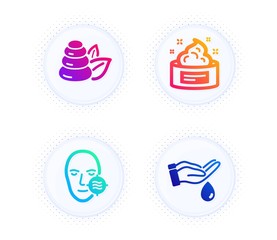 Problem skin, Spa stones and Skin cream icons simple set. Button with halftone dots. Wash hands sign. Facial care, Bath, Medical cosmetic. Beauty set. Gradient flat problem skin icon. Vector