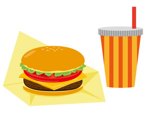 チーズとビーフのハンバーガーとジュースのベクターイラスト　