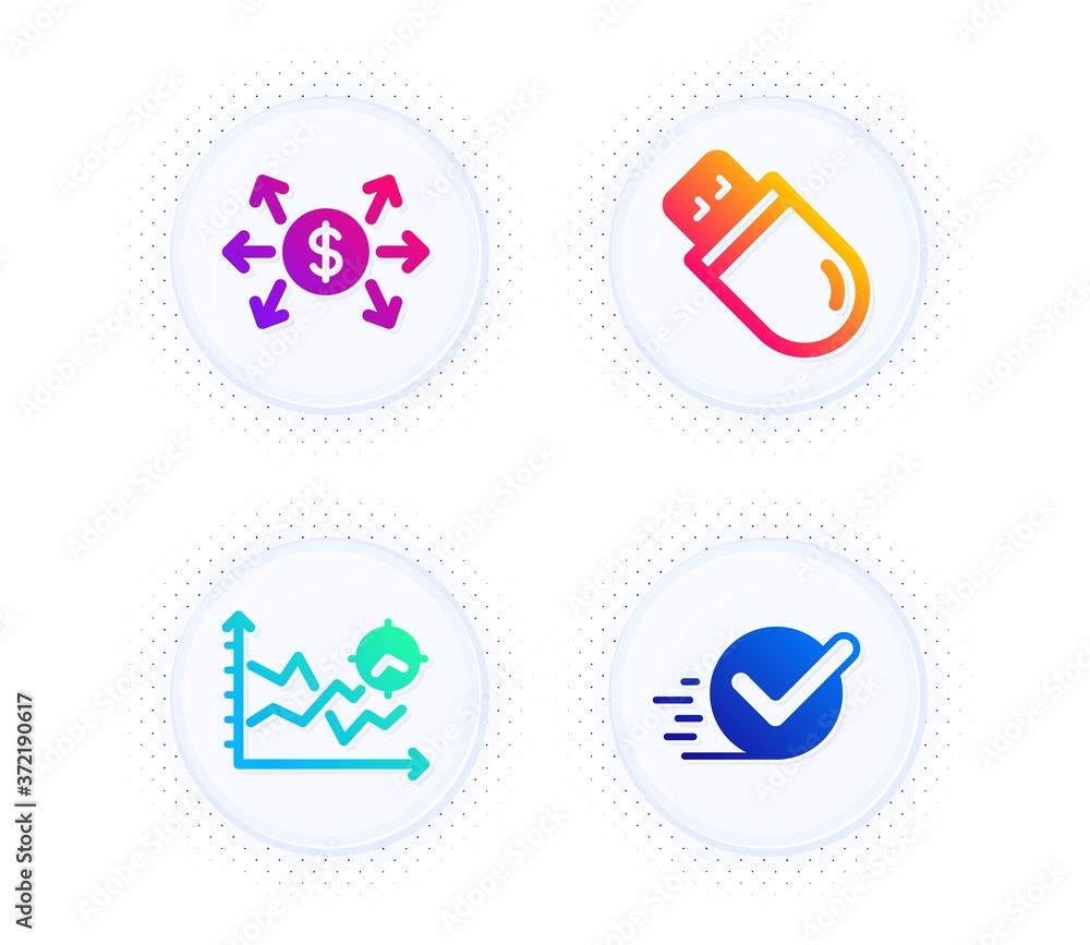 Poster usb stick, dollar exchange and seo analysis icons simple set. button with halftone dots. checkbox si