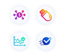 Usb stick, Dollar exchange and Seo analysis icons simple set. Button with halftone dots. Checkbox sign. Memory flash, Payment, Targeting chart. Approved. Technology set. Vector