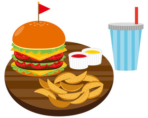 チーズとビーフのハンバーガーとフライドポテトとジュースのセットのベクターイラスト