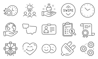 Fototapeta premium Set of Technology icons, such as Speech bubble, Smile face. Diploma, ideas, save planet. Swipe up, Gears, Dishwasher timer. Id card, Time, Chemistry lab. Vector